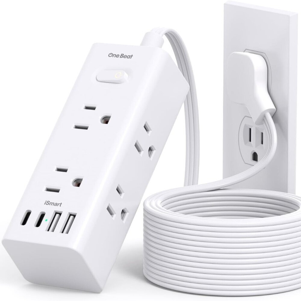 10Ft Extension Cord with Multiple Outlets,Flat Plug Power Strip Surge Protector